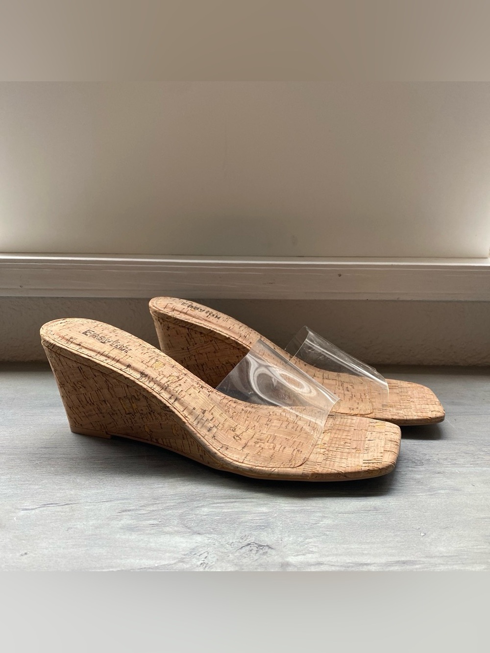 Cork Wedge Sandals with Clear Strap - Women